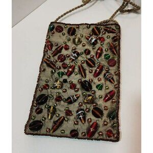 Vintage Handmade In India Taupe Colored Purse W/Various Sized & Colors Beads